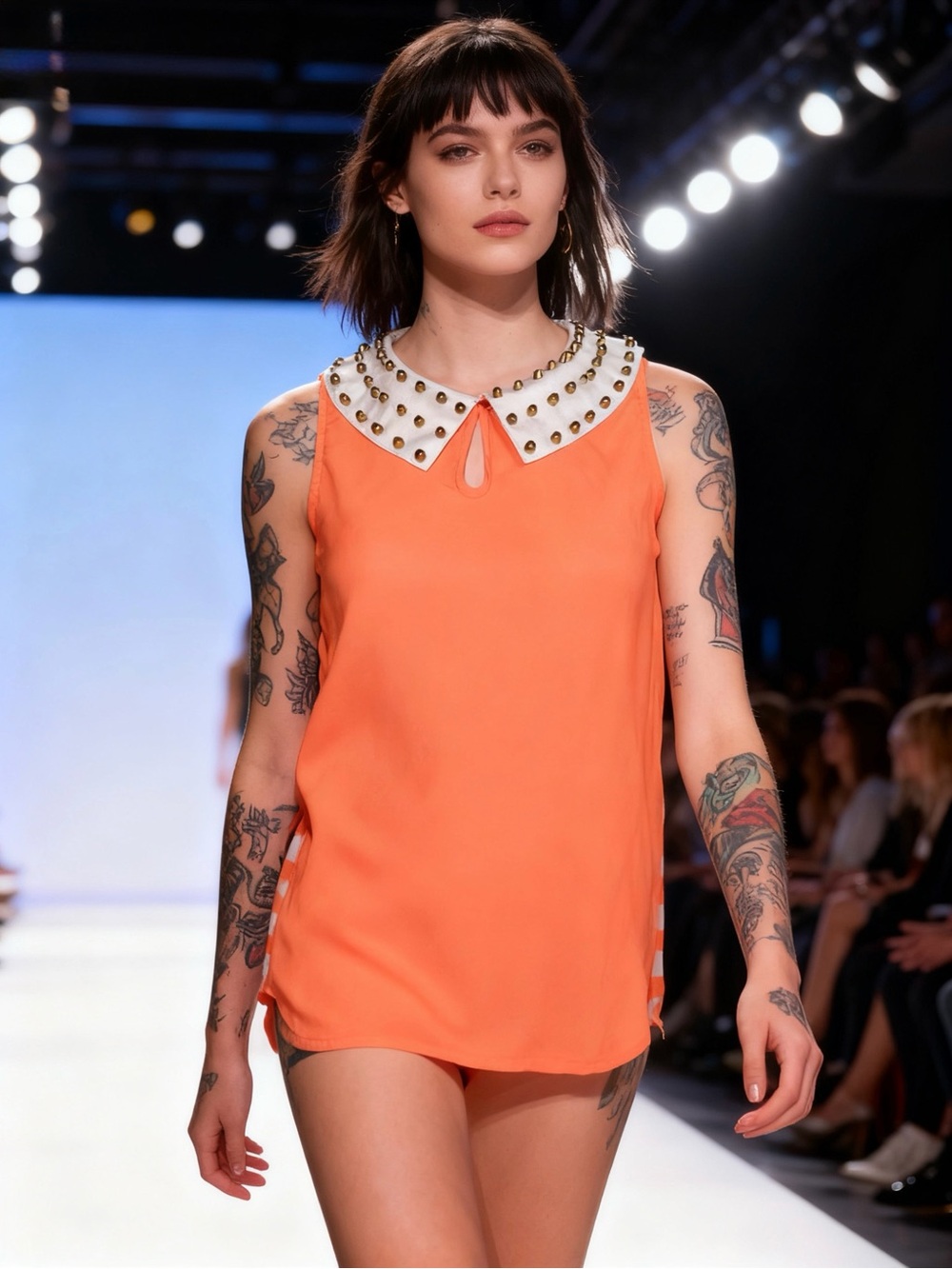 Orange Sleeveless Top with Embellished White Peter Pan Collar
